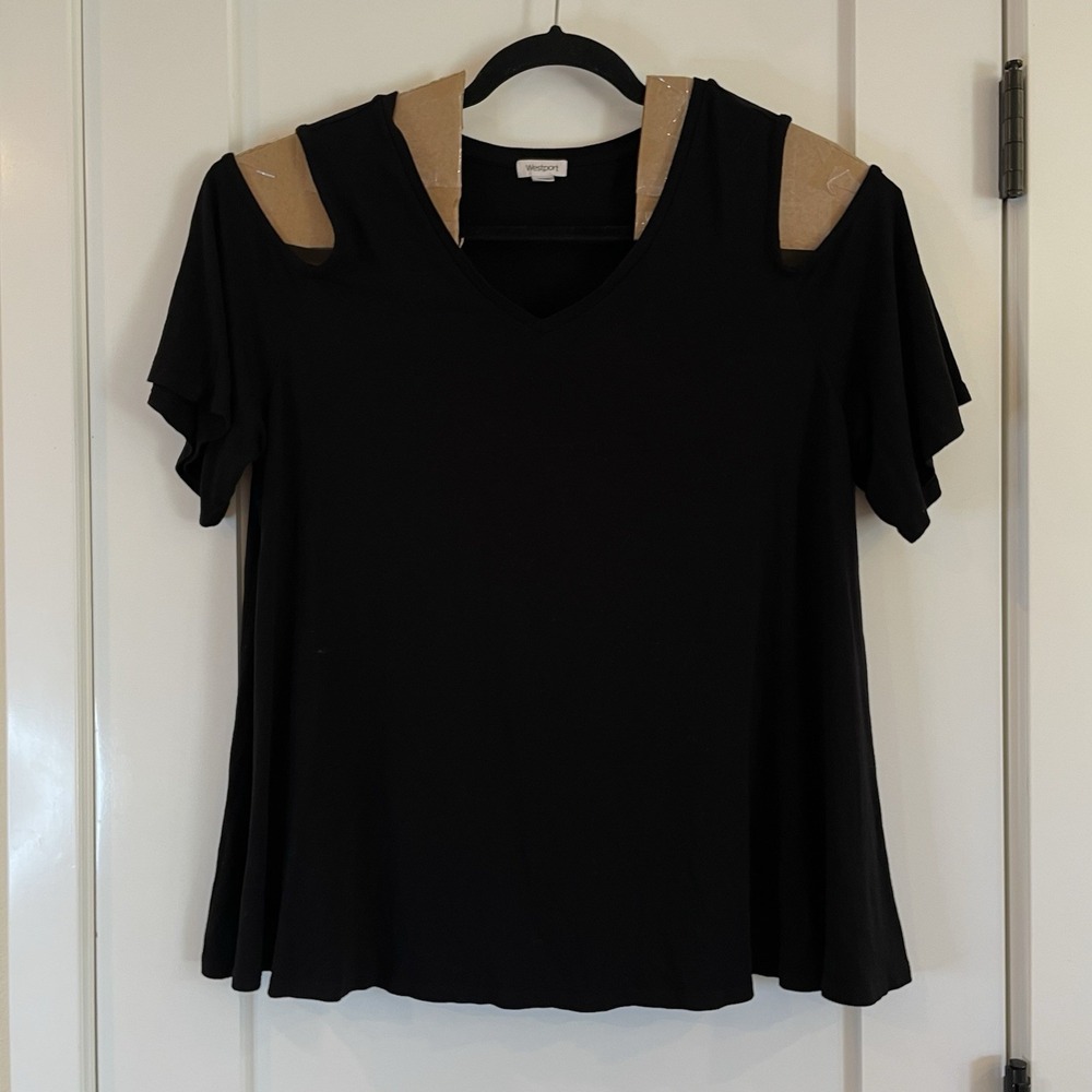Westport Womens Top XL 1X Cold Shoulder Black Business Office Travel Stretchy‎